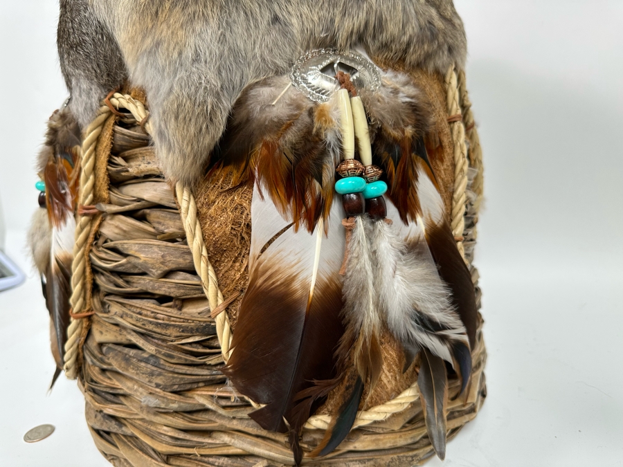Handmade Basket Decorated With Fur And Feathers 15W X 14H [Photo 5]