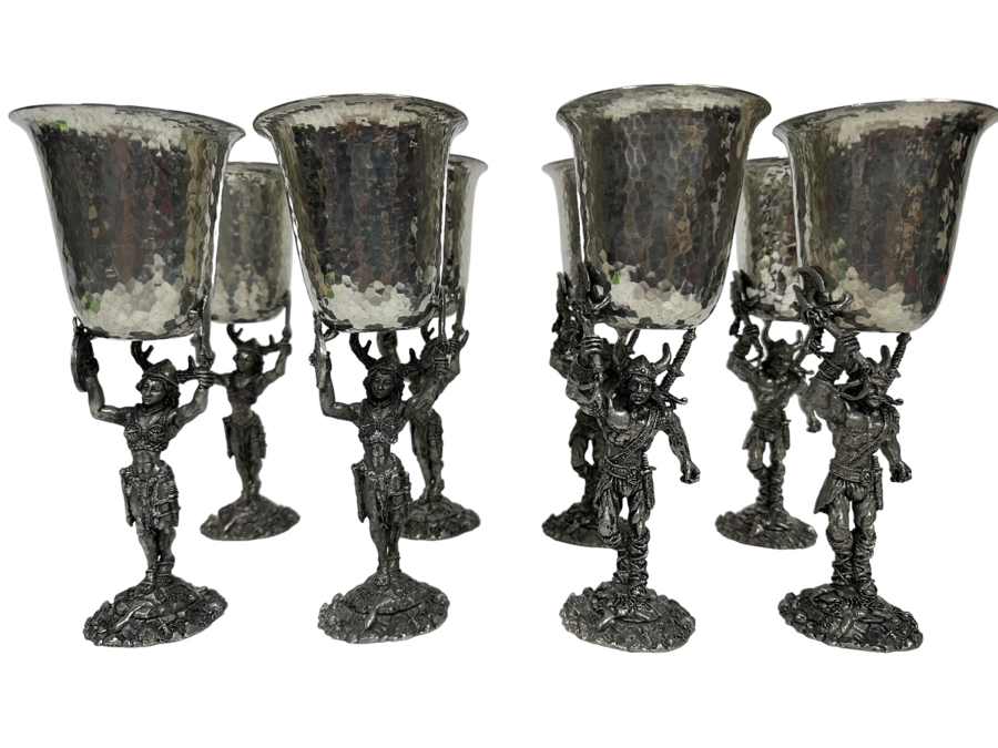 Eight Vintage 1985 Fellowship Foundry Kevin O'Hare Footed Pewter Viking Glasses Goblets Chalices 9.5H
