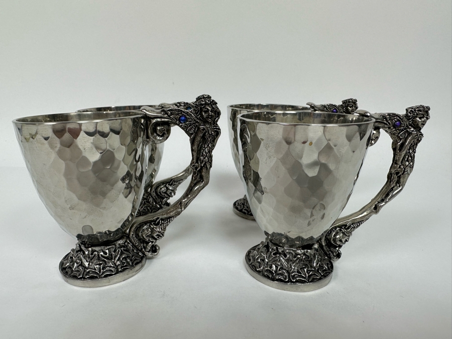 Four Vintage 2001 Fellowship Foundry Footed Pewter Fairy Handle Cups 3.25H [Photo 2]
