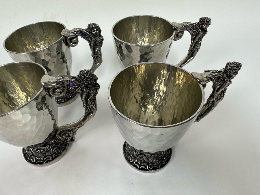Four Vintage 2001 Fellowship Foundry Footed Pewter Fairy Handle Cups 3.25H [Photo 6]