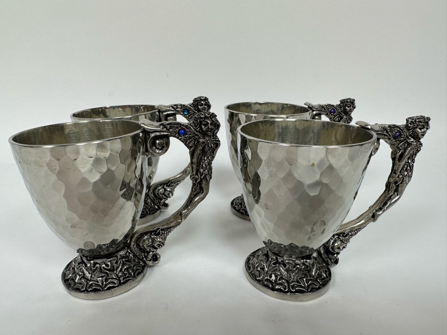 Four Vintage 2001 Fellowship Foundry Footed Pewter Fairy Handle Cups 3.25H [Photo 3]