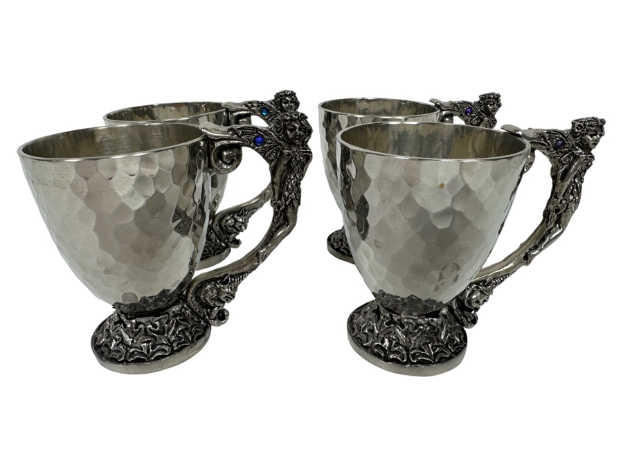 Four Vintage 2001 Fellowship Foundry Footed Pewter Fairy Handle Cups 3.25H