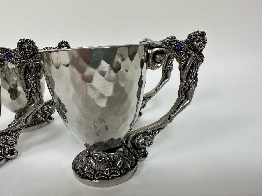 Four Vintage 2001 Fellowship Foundry Footed Pewter Fairy Handle Cups 3.25H [Photo 5]