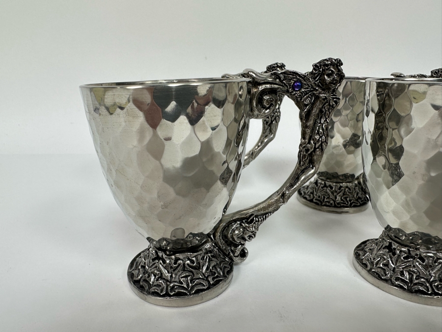 Four Vintage 2001 Fellowship Foundry Footed Pewter Fairy Handle Cups 3.25H [Photo 4]