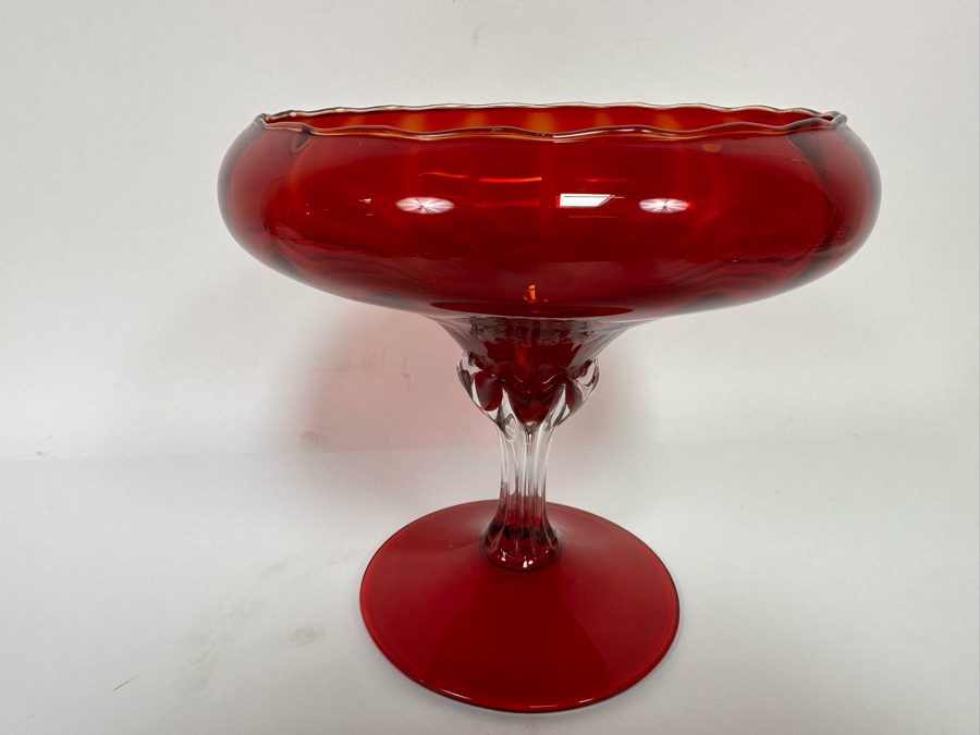 Handmade Red Footed Glass Bowl 8W X 7.5H [Photo 2]