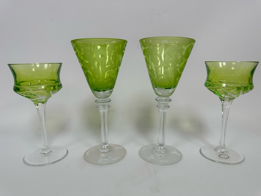 Pair Of Handmade Hungarian Crystal Stemware Glasses 7H And Signed Etched Crystal Stemware Glasses 8.5H [Photo 2]