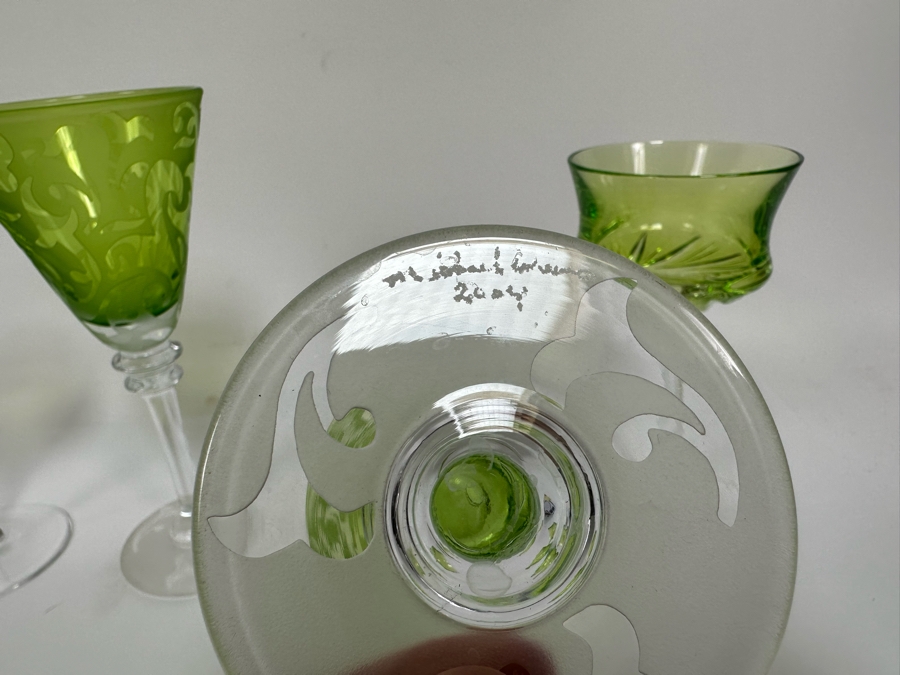 Pair Of Handmade Hungarian Crystal Stemware Glasses 7H And Signed Etched Crystal Stemware Glasses 8.5H [Photo 13]