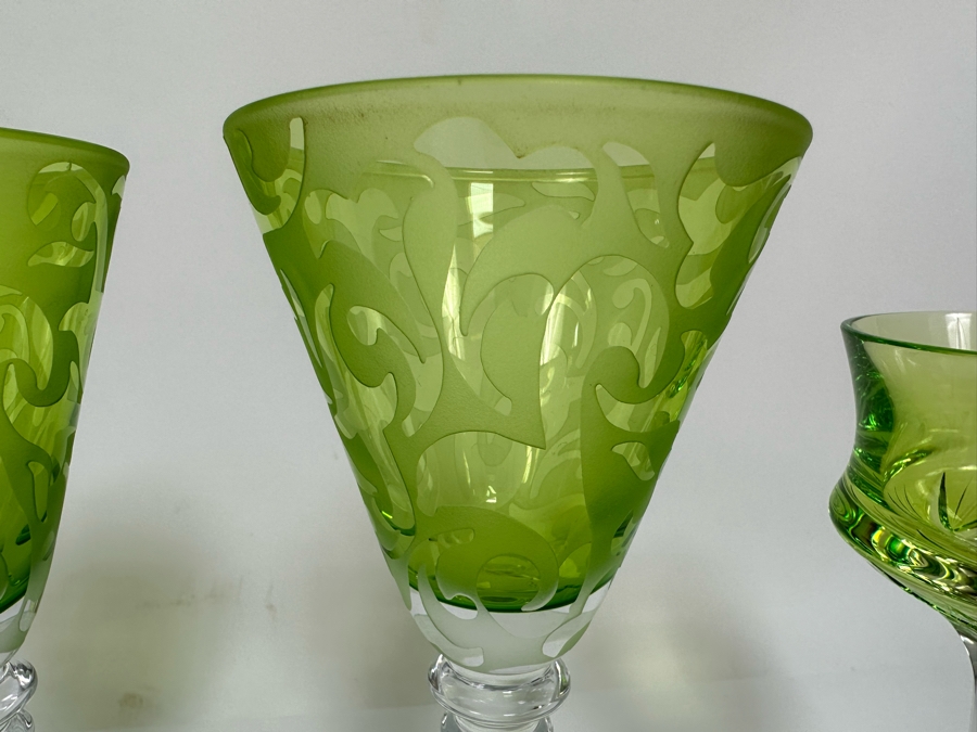 Pair Of Handmade Hungarian Crystal Stemware Glasses 7H And Signed Etched Crystal Stemware Glasses 8.5H [Photo 10]