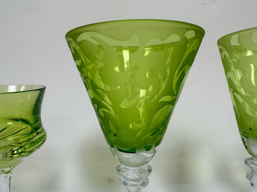 Pair Of Handmade Hungarian Crystal Stemware Glasses 7H And Signed Etched Crystal Stemware Glasses 8.5H [Photo 11]