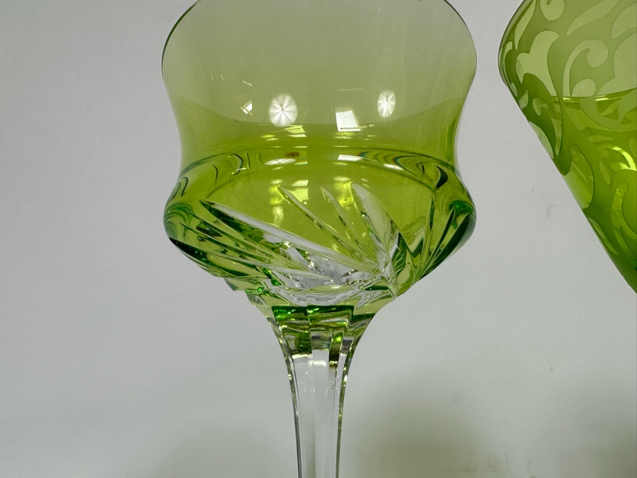 Pair Of Handmade Hungarian Crystal Stemware Glasses 7H And Signed Etched Crystal Stemware Glasses 8.5H [Photo 4]