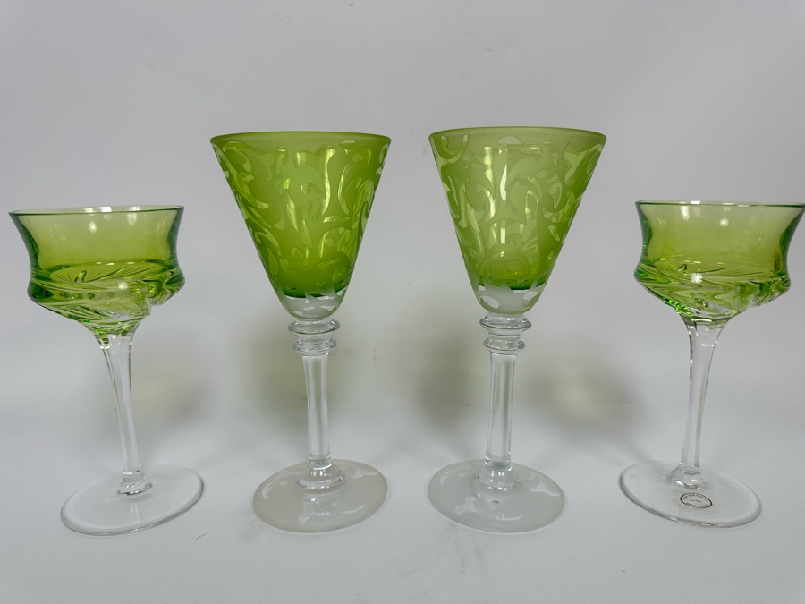 Pair Of Handmade Hungarian Crystal Stemware Glasses 7H And Signed Etched Crystal Stemware Glasses 8.5H [Photo 3]