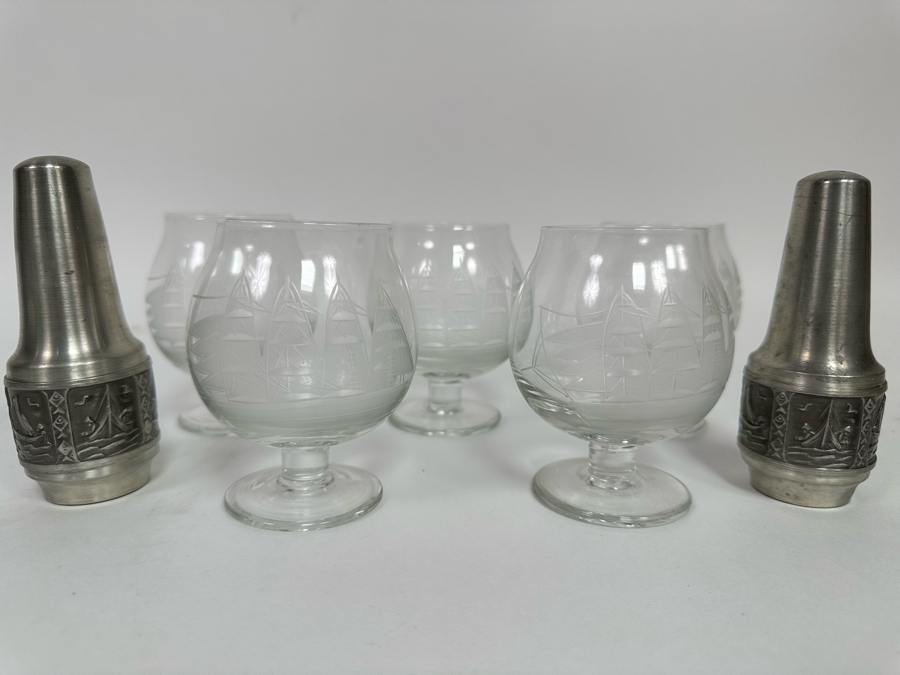 Norway Pewter Salt & Pepper Shakers And Five Etched Sailing Ship Stemware Glasses [Photo 3]