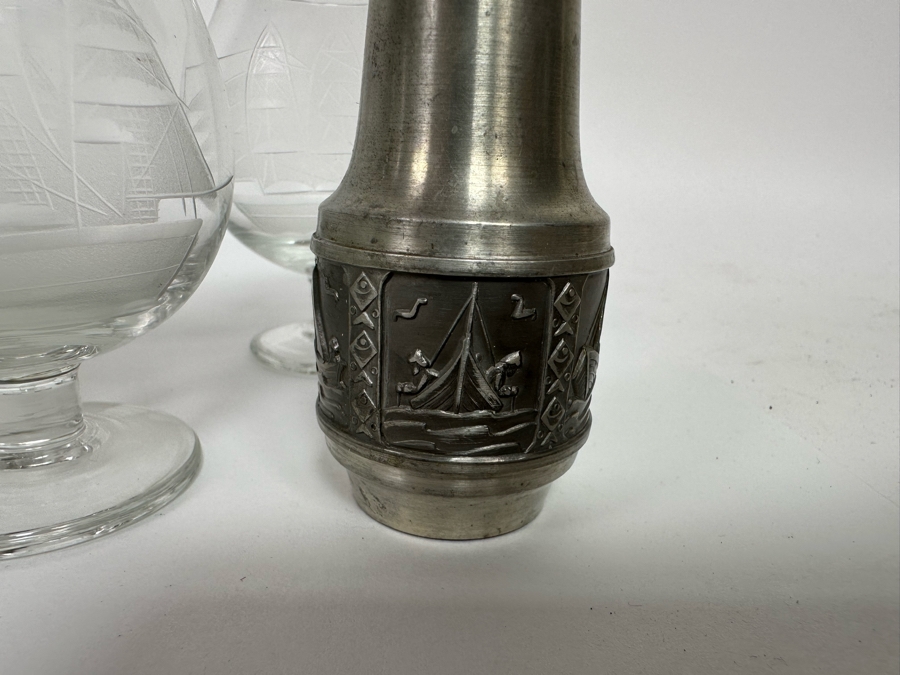 Norway Pewter Salt & Pepper Shakers And Five Etched Sailing Ship Stemware Glasses [Photo 8]