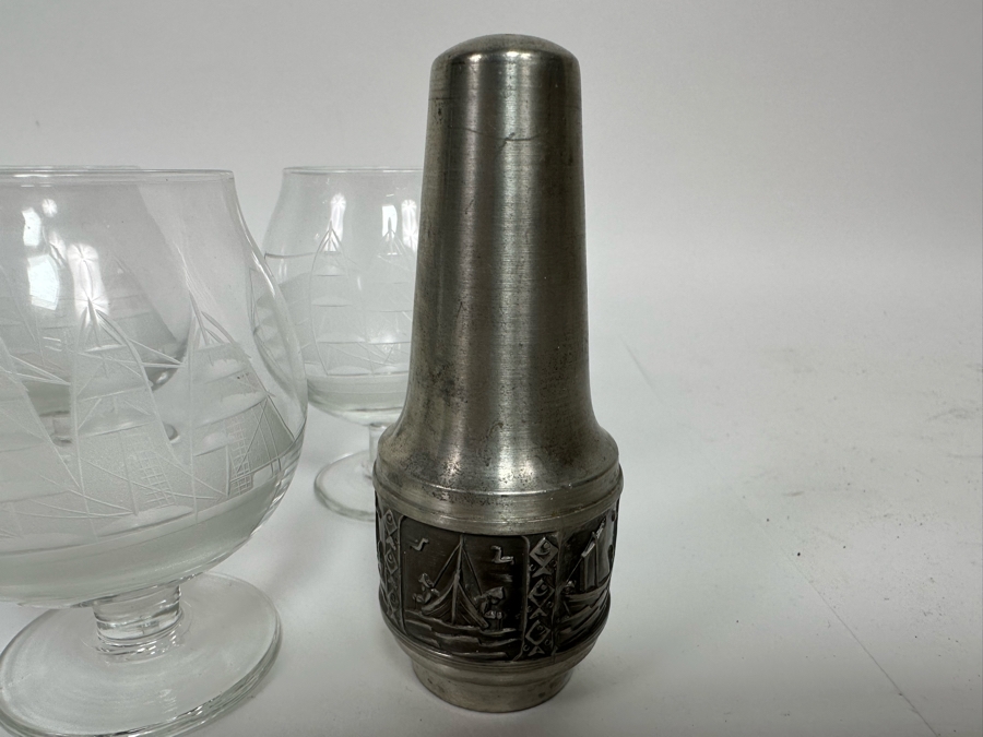 Norway Pewter Salt & Pepper Shakers And Five Etched Sailing Ship Stemware Glasses [Photo 6]