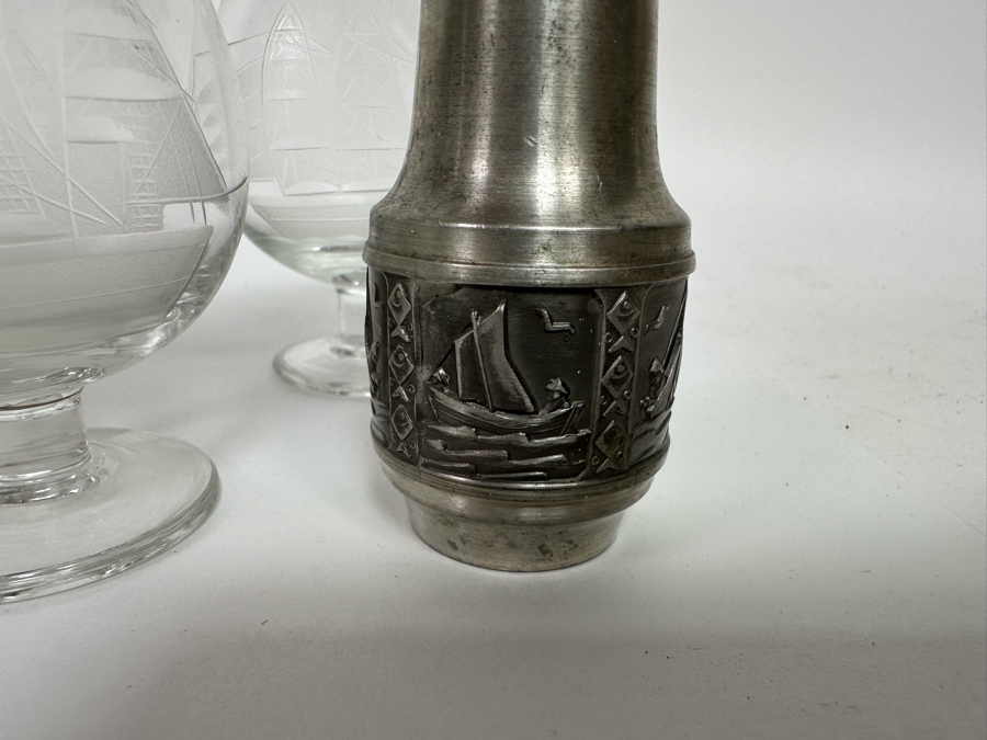 Norway Pewter Salt & Pepper Shakers And Five Etched Sailing Ship Stemware Glasses [Photo 7]