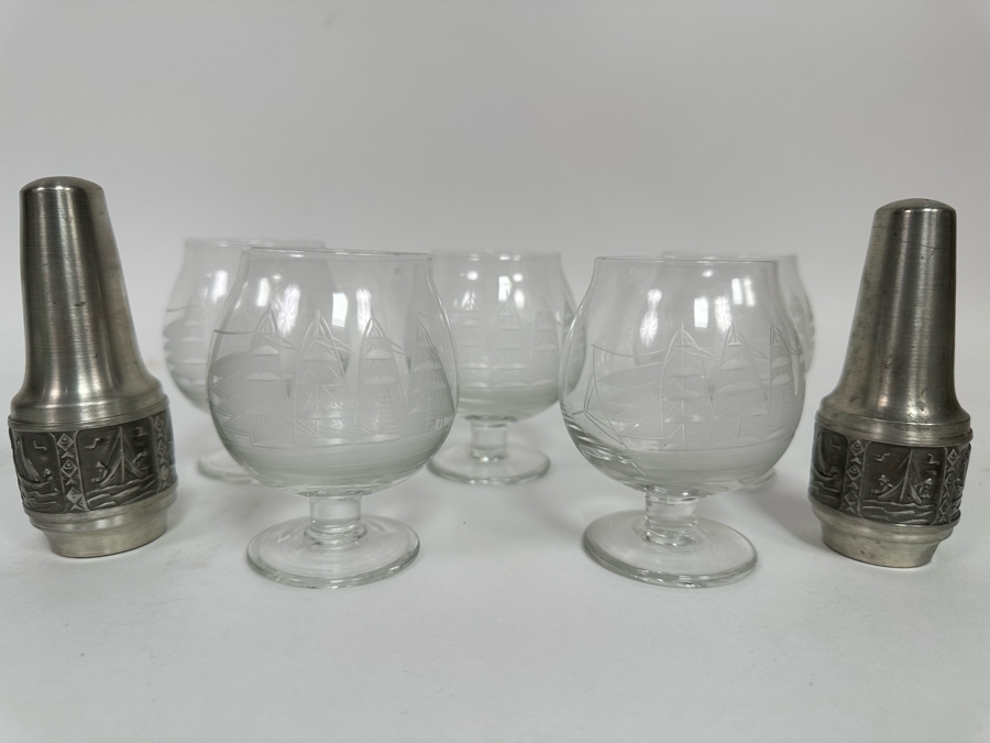 Norway Pewter Salt & Pepper Shakers And Five Etched Sailing Ship Stemware Glasses [Photo 2]