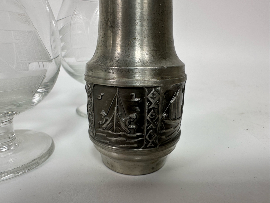 Norway Pewter Salt & Pepper Shakers And Five Etched Sailing Ship Stemware Glasses [Photo 5]