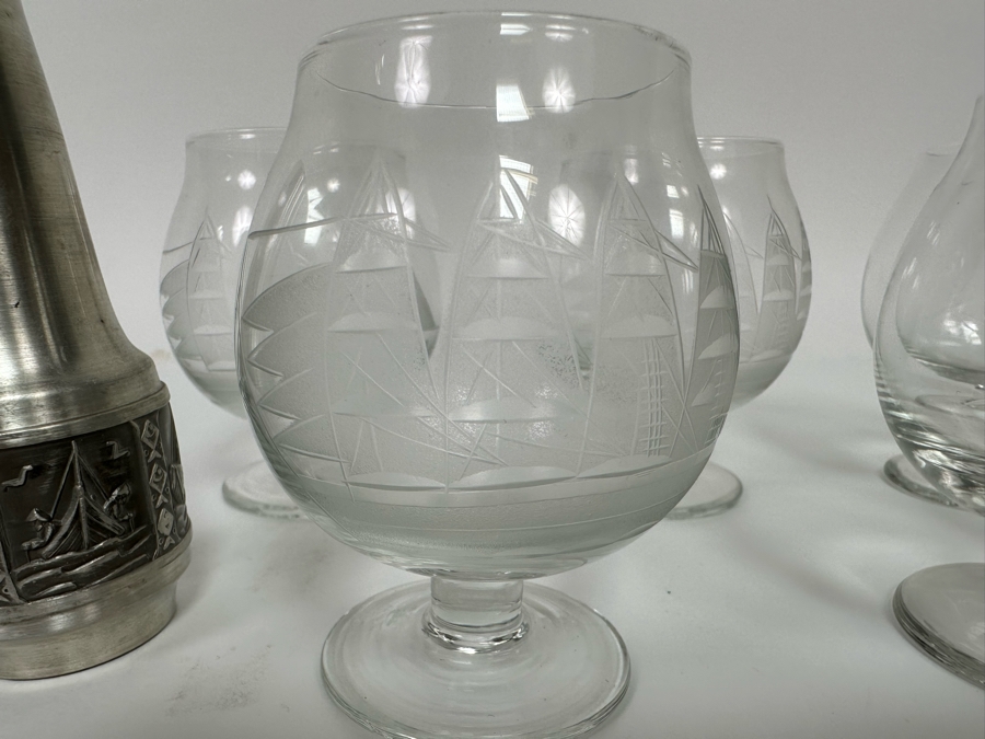 Norway Pewter Salt & Pepper Shakers And Five Etched Sailing Ship Stemware Glasses [Photo 4]
