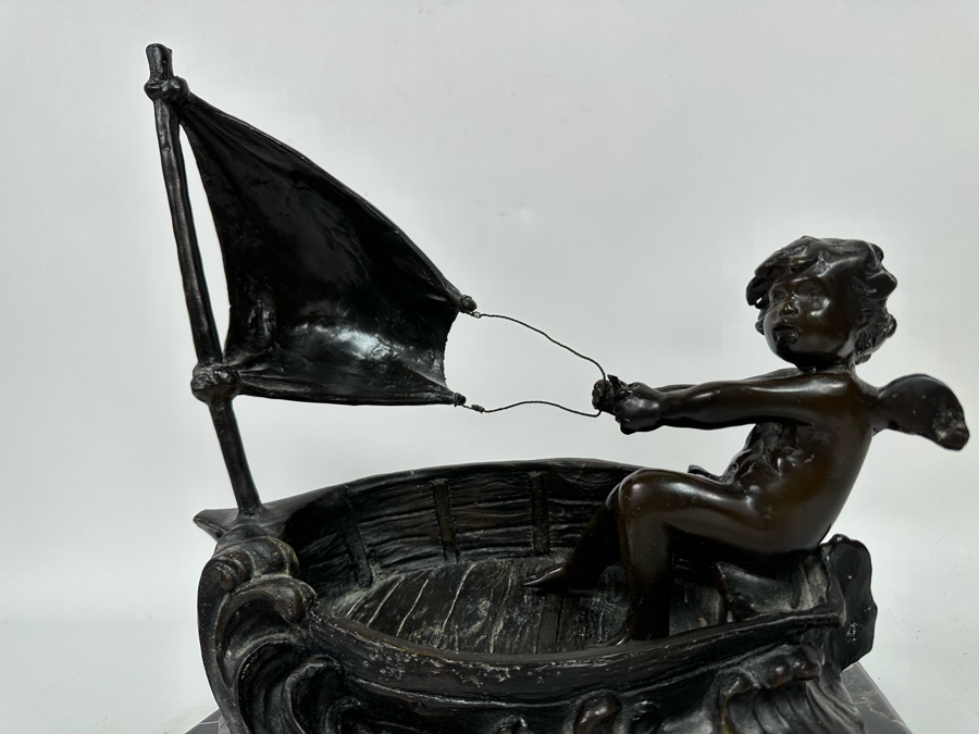 Vintage Auguste Moreau Bronze Sculpture Of A Cherub Sailing His Sailboat On Marble Base 12W X 8D X 14H [Photo 7]