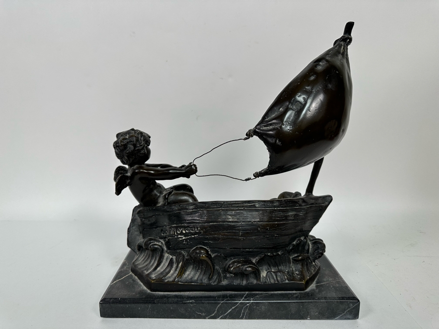 Vintage Auguste Moreau Bronze Sculpture Of A Cherub Sailing His Sailboat On Marble Base 12W X 8D X 14H [Photo 14]