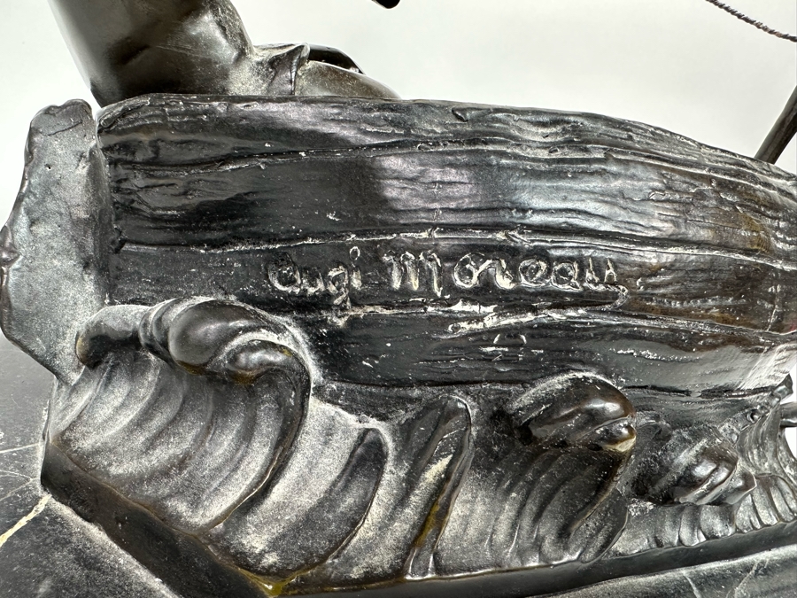 Vintage Auguste Moreau Bronze Sculpture Of A Cherub Sailing His Sailboat On Marble Base 12W X 8D X 14H [Photo 10]