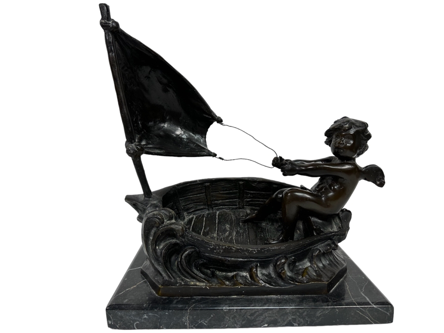 Vintage Auguste Moreau Bronze Sculpture Of A Cherub Sailing His Sailboat On Marble Base 12W X 8D X 14H