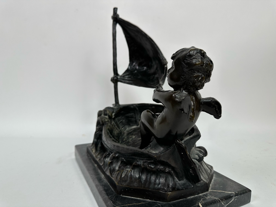 Vintage Auguste Moreau Bronze Sculpture Of A Cherub Sailing His Sailboat On Marble Base 12W X 8D X 14H [Photo 8]