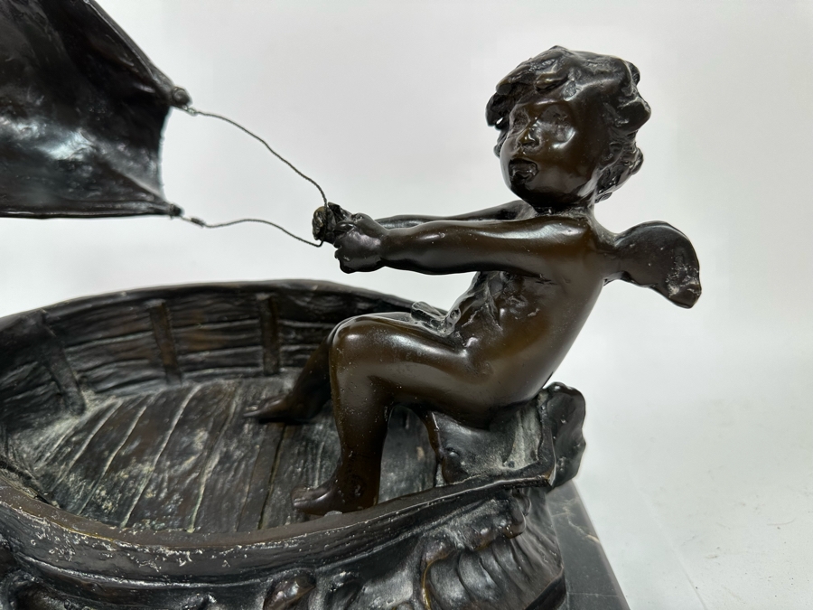 Vintage Auguste Moreau Bronze Sculpture Of A Cherub Sailing His Sailboat On Marble Base 12W X 8D X 14H [Photo 5]