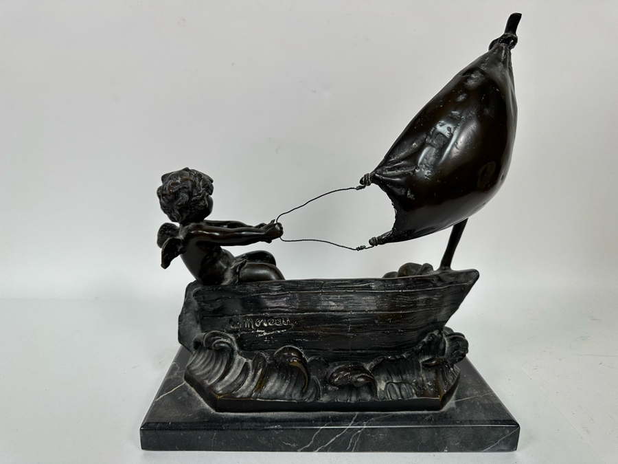 Vintage Auguste Moreau Bronze Sculpture Of A Cherub Sailing His Sailboat On Marble Base 12W X 8D X 14H [Photo 9]