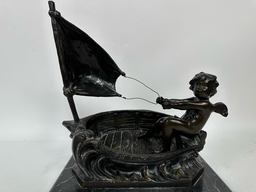 Vintage Auguste Moreau Bronze Sculpture Of A Cherub Sailing His Sailboat On Marble Base 12W X 8D X 14H [Photo 4]