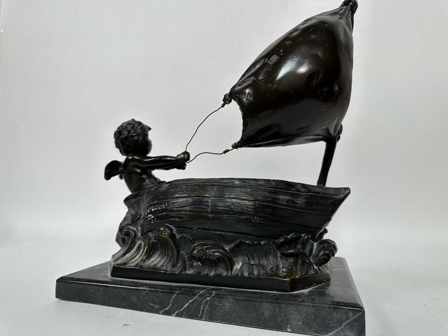 Vintage Auguste Moreau Bronze Sculpture Of A Cherub Sailing His Sailboat On Marble Base 12W X 8D X 14H [Photo 15]