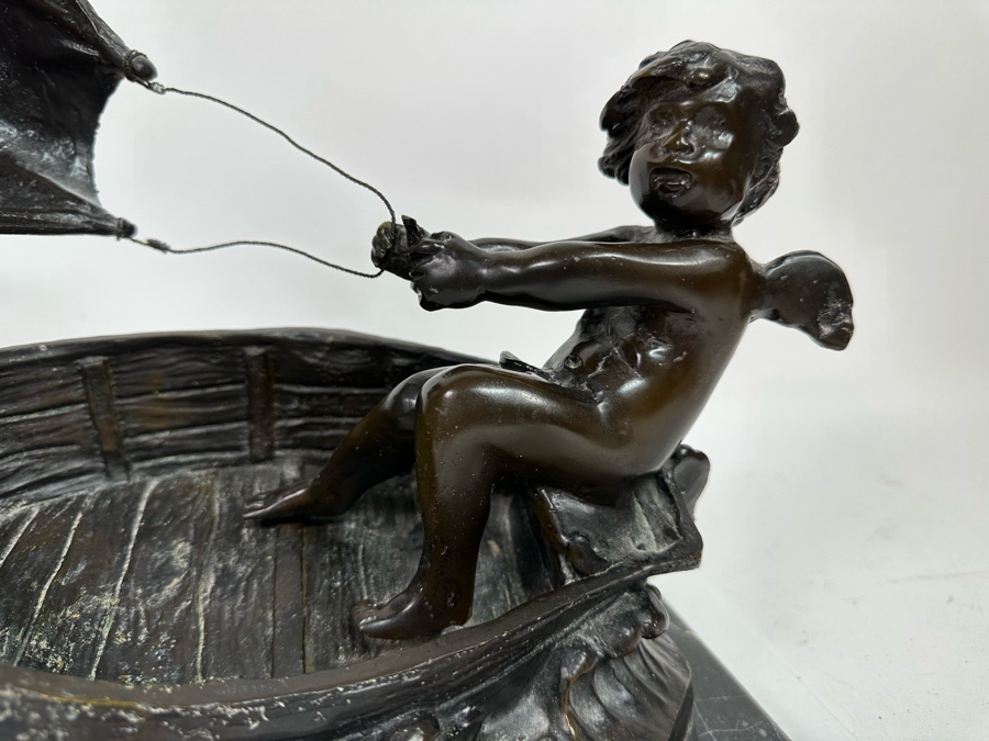 Vintage Auguste Moreau Bronze Sculpture Of A Cherub Sailing His Sailboat On Marble Base 12W X 8D X 14H [Photo 6]