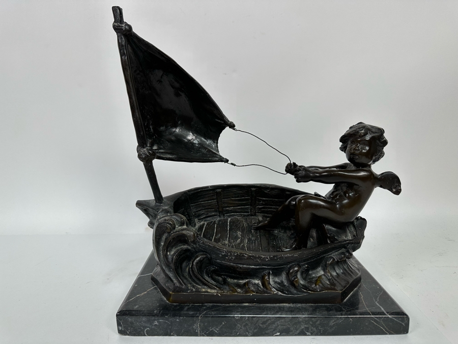 Vintage Auguste Moreau Bronze Sculpture Of A Cherub Sailing His Sailboat On Marble Base 12W X 8D X 14H [Photo 2]