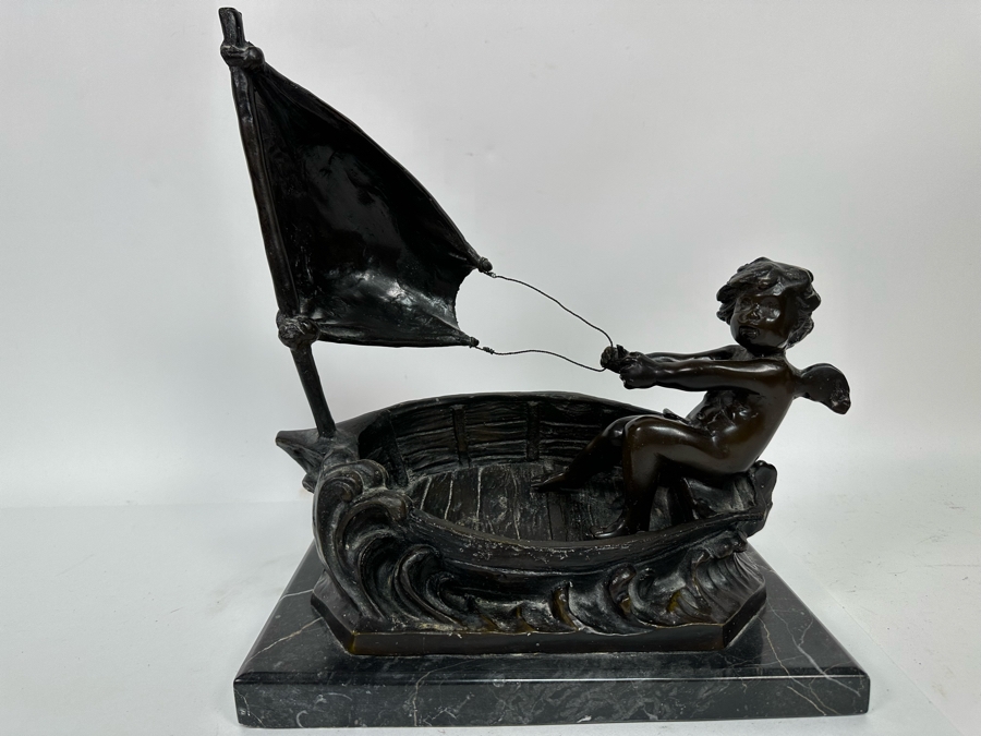 Vintage Auguste Moreau Bronze Sculpture Of A Cherub Sailing His Sailboat On Marble Base 12W X 8D X 14H [Photo 3]