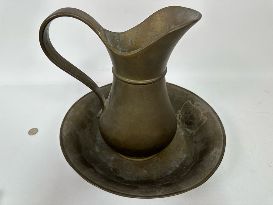Solid Brass Italian Pitcher 11H And Bowl With Monogram Heavy 13.5W X 2.5H [Photo 4]