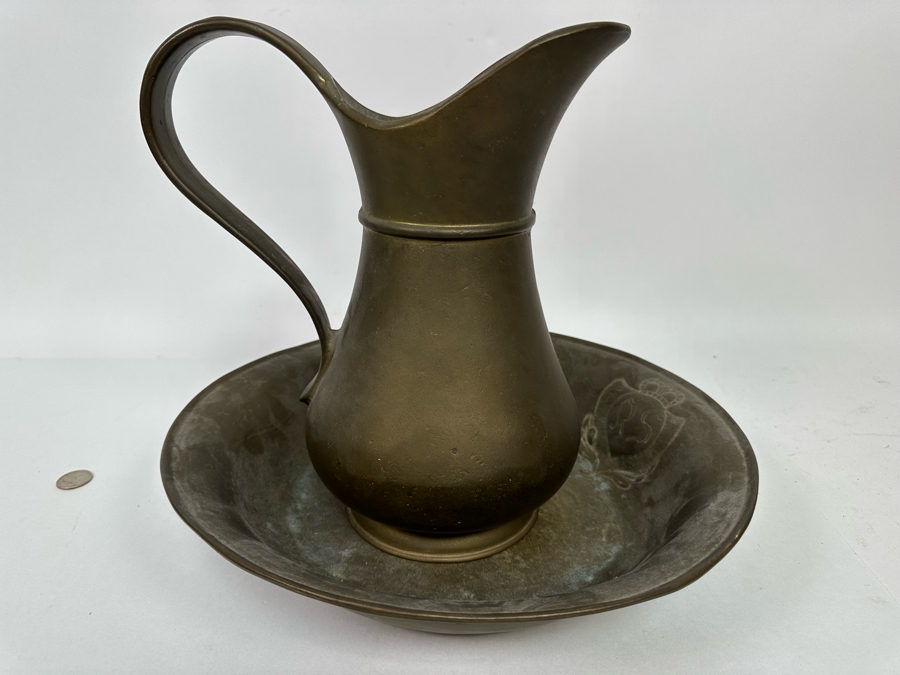 Solid Brass Italian Pitcher 11H And Bowl With Monogram Heavy 13.5W X 2.5H [Photo 2]