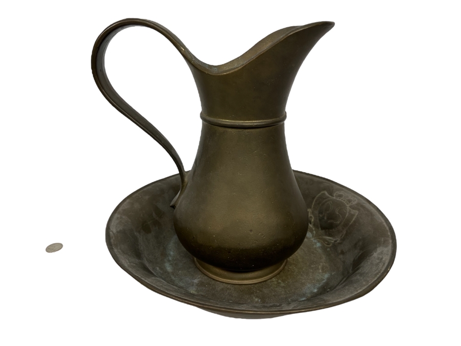 Solid Brass Italian Pitcher 11H And Bowl With Monogram Heavy 13.5W X 2.5H [Photo 1]
