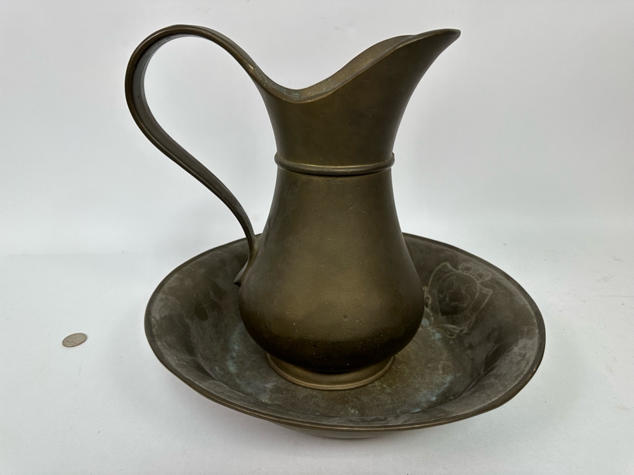 Solid Brass Italian Pitcher 11H And Bowl With Monogram Heavy 13.5W X 2.5H [Photo 3]