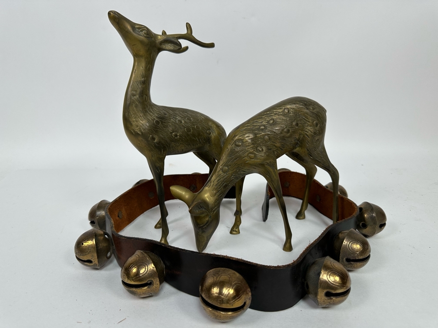 Pair Of Brass Reindeer 10H And Vintage Leather Sleigh Bells 37L [Photo 9]