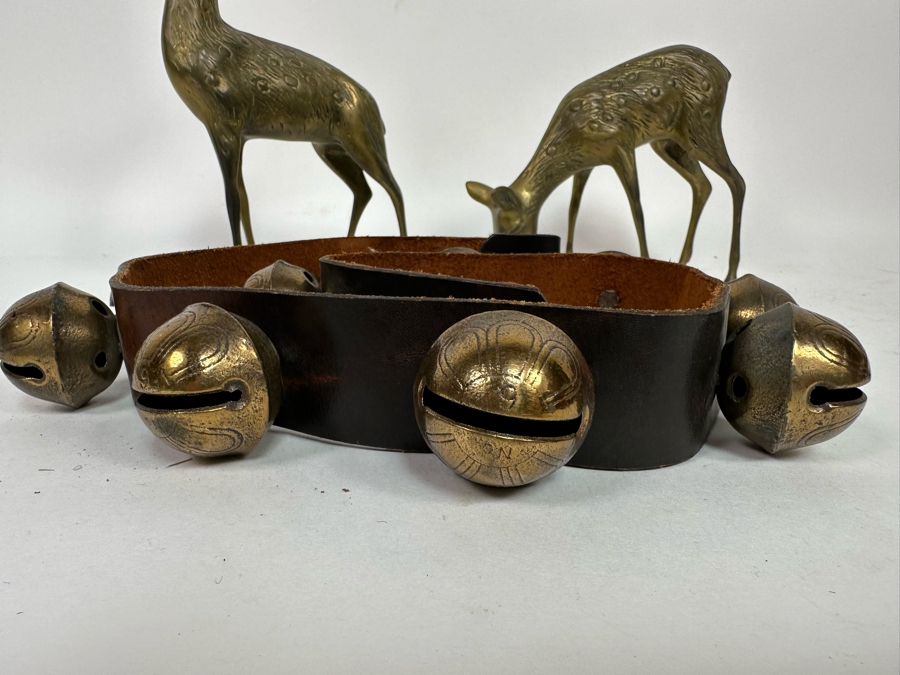 Pair Of Brass Reindeer 10H And Vintage Leather Sleigh Bells 37L [Photo 5]