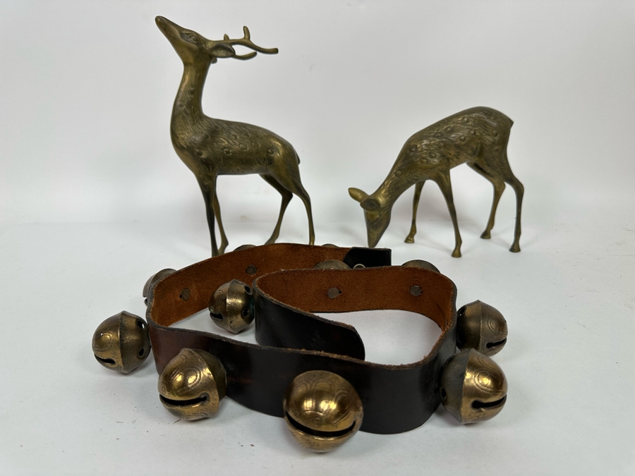 Pair Of Brass Reindeer 10H And Vintage Leather Sleigh Bells 37L [Photo 3]
