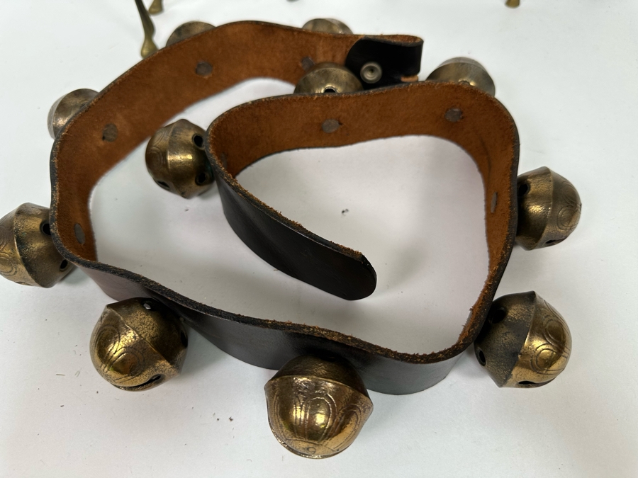 Pair Of Brass Reindeer 10H And Vintage Leather Sleigh Bells 37L [Photo 6]