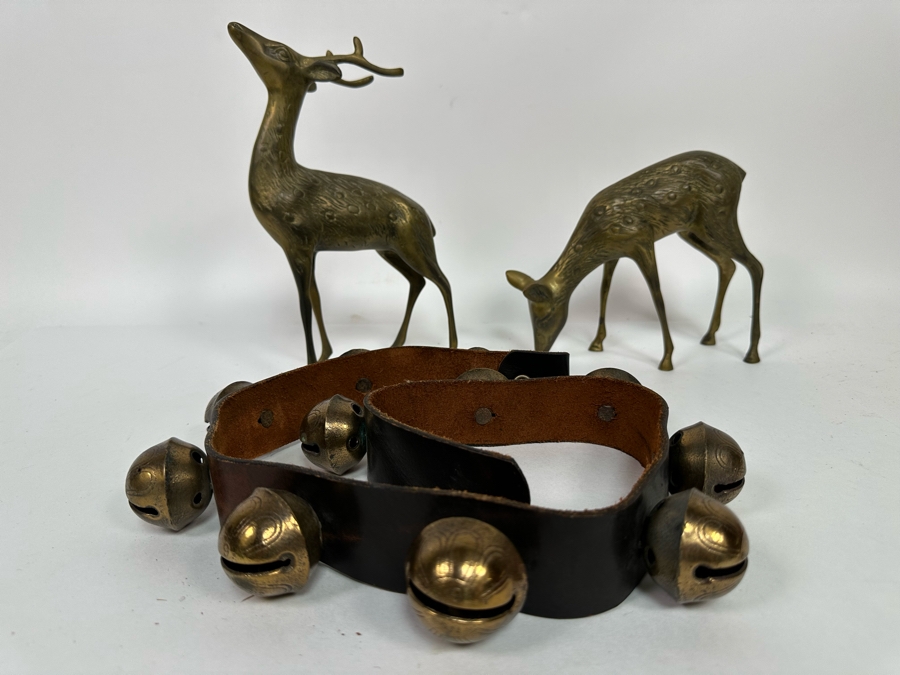 Pair Of Brass Reindeer 10H And Vintage Leather Sleigh Bells 37L [Photo 4]
