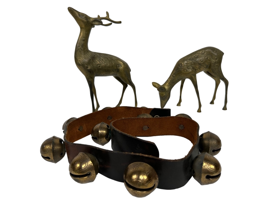 Pair Of Brass Reindeer 10H And Vintage Leather Sleigh Bells 37L [Photo 2]