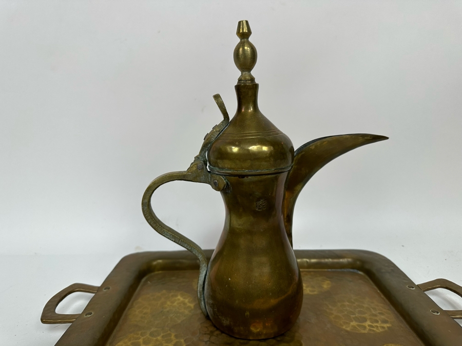 Vintage Signed Middle Eastern Dallah Arabian Bedouin Coffee Pot 11.5H And Copper Serving Tray 17.5 X 10.5 [Photo 8]