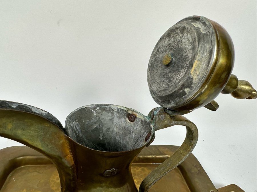 Vintage Signed Middle Eastern Dallah Arabian Bedouin Coffee Pot 11.5H And Copper Serving Tray 17.5 X 10.5 [Photo 7]