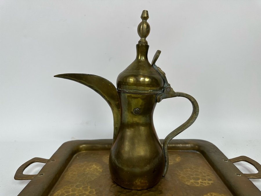 Vintage Signed Middle Eastern Dallah Arabian Bedouin Coffee Pot 11.5H And Copper Serving Tray 17.5 X 10.5 [Photo 4]