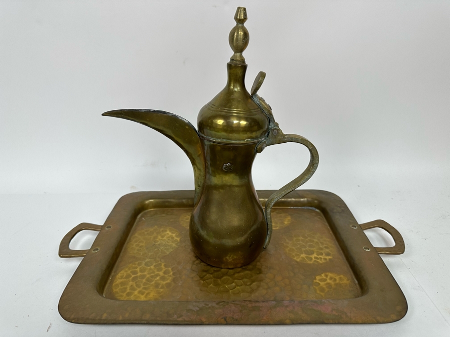 Vintage Signed Middle Eastern Dallah Arabian Bedouin Coffee Pot 11.5H And Copper Serving Tray 17.5 X 10.5 [Photo 3]