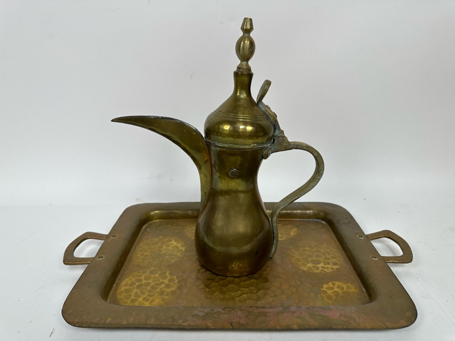 Vintage Signed Middle Eastern Dallah Arabian Bedouin Coffee Pot 11.5H And Copper Serving Tray 17.5 X 10.5 [Photo 2]