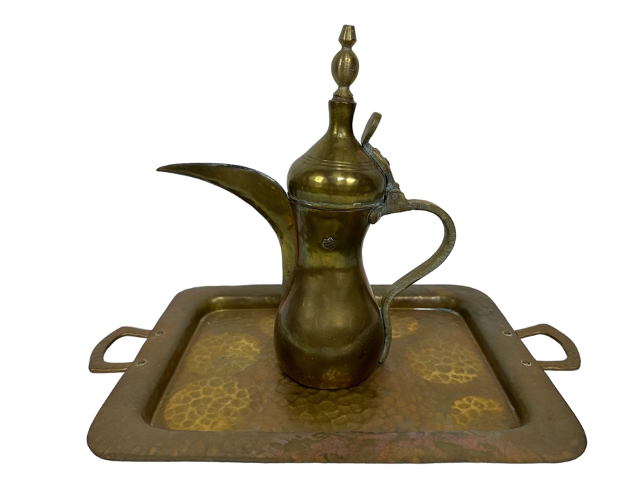 Vintage Signed Middle Eastern Dallah Arabian Bedouin Coffee Pot 11.5H And Copper Serving Tray 17.5 X 10.5 [Photo 1]